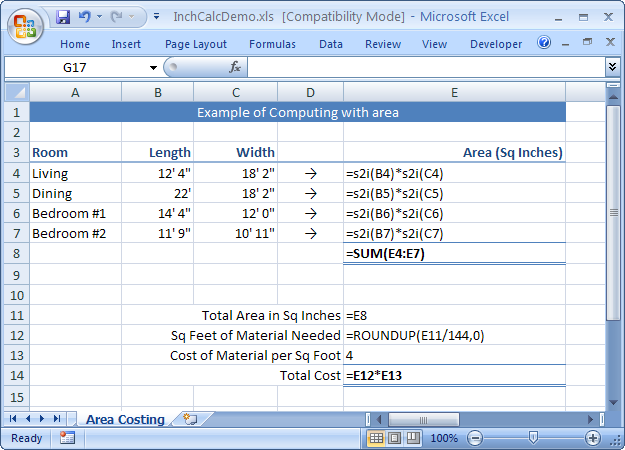 The formulas used in the area-costing example